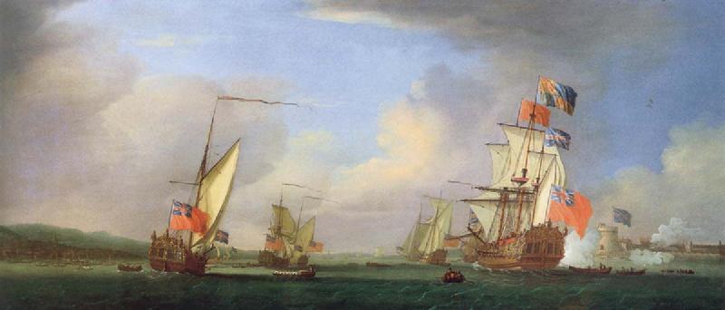 Monamy, Peter The Royal yacht Peregrine and another yacht in the Medway off Gillingham Kent,Passing Upnor Castel oil painting image